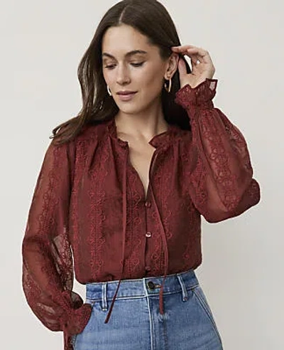 Ann Taylor Embroidered Blouson Sleeve Blouse In Brown