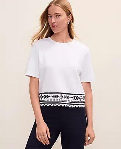 Ann Taylor Embroidered Crew Neck Top In White