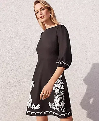 Ann Taylor Embroidered Linen Blend Open Back Flare Dress In Black