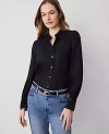 Ann Taylor Embroidered Linen-blend Pocket Shirt In Black