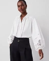 Ann Taylor Embroidered Linen-blend Puff Sleeve Blouse In White