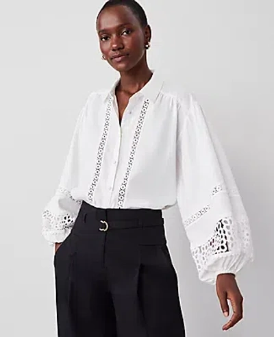 Ann Taylor Embroidered Linen-blend Puff Sleeve Blouse In White