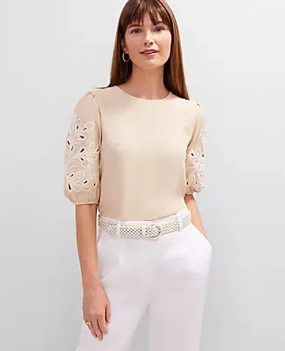 Ann Taylor Embroidered Puff Sleeve Top In Sand
