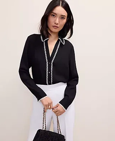 Ann Taylor Embroidered Satin Essential Shirt In Black