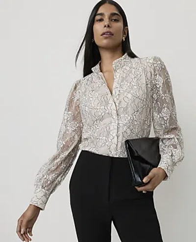 Ann Taylor Embroidered Shirred Blouse In Black Ivory Combo