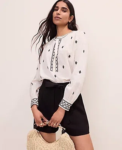 Ann Taylor Embroidered Split Neck Blouse In White