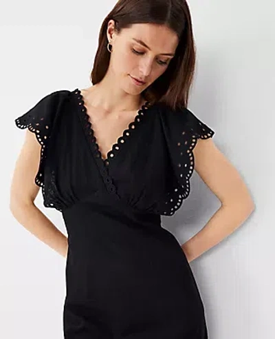 Ann Taylor Embroidered V-neck Midi Dress In Black