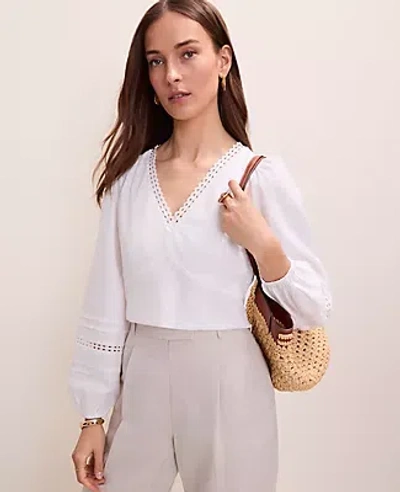 Ann Taylor Embroidered V-neck Blouse In White