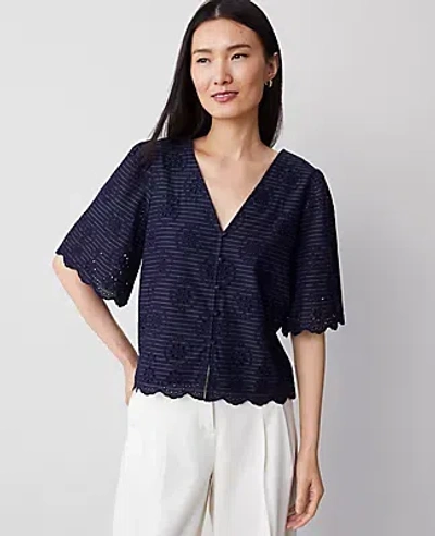 Ann Taylor Eyelet Puff Sleeve Blouse In Night Sky