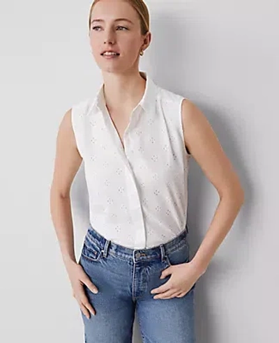 Ann Taylor Eyelet Shirred Sleeveless Shirt In White