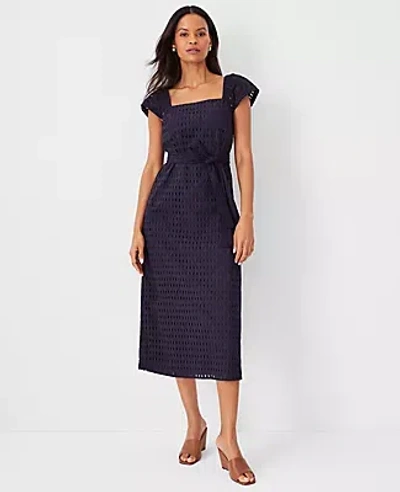 Ann Taylor Eyelet Square Neck Puff Sleeve Midi Dress In Night Sky