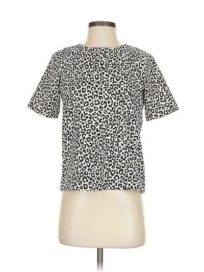 Pre-owned Ann Taylor Factory Short Sleeve Top Ivory Animal Print Pattern Keyhole Neckline Tops In White