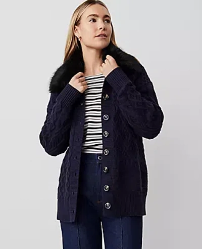 Ann Taylor Faux Fur Collared Sweater Jacket In Night Sky