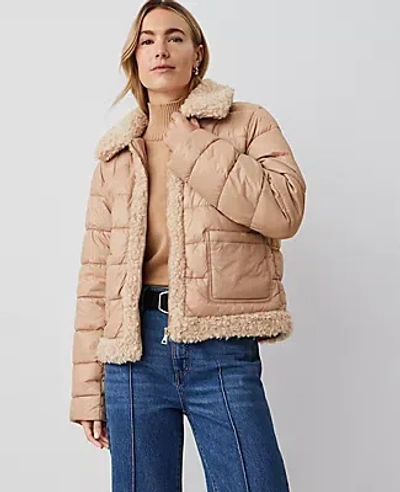 Ann Taylor Faux Fur Trim Puffer Jacket In Cafe Au Lait