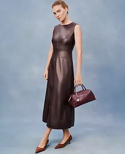 Ann Taylor Faux Leather Flare Midi Dress In Brown