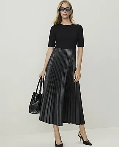 Ann Taylor Faux Leather Pleatedmidi Dress In Black