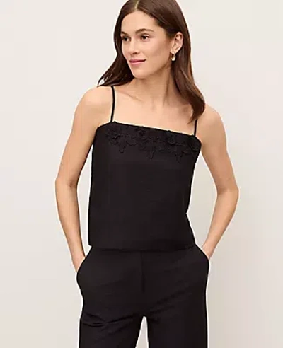 Ann Taylor Floral Appliqué Linen Blend Tank Top In Black