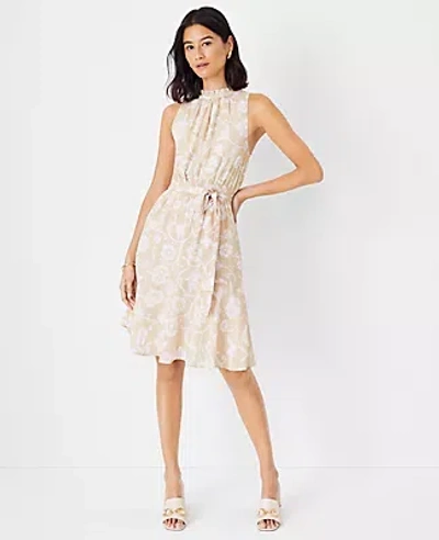Ann Taylor Floral Belted Halter Flare Dress In Toasted Oat