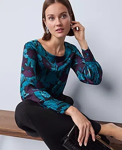 Ann Taylor Floral Boatneck Blouse In Blue