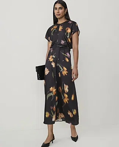 Ann Taylor Floral Crew Neck Midi Dress In Black - Yellow