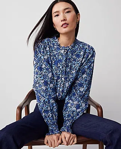 Ann Taylor Floral Cutout Smocked Cuff Blouse In Dark Periwinkle