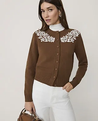 Ann Taylor Floral Embellished Cardigan In Brown
