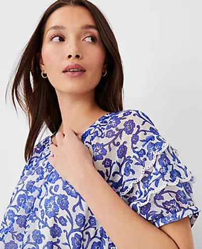 Ann Taylor Floral Embroidered Ruffle Puff Sleeve Top In Dazzling Blue