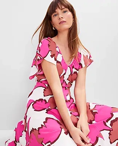 ANN TAYLOR FLORAL FLUTTER SLEEVE MIDI DRESS