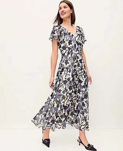 Ann Taylor Floral Flutter Sleeve Midi Dress In Black