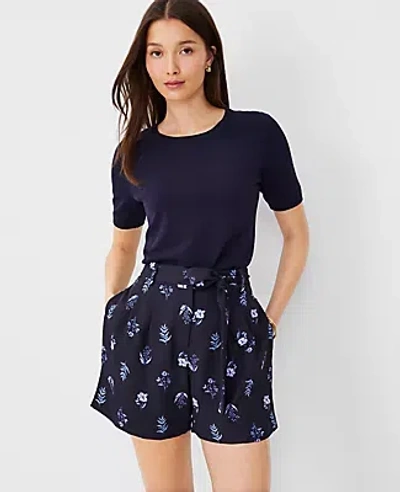 Ann Taylor Floral High Rise Tie Waist Pleated Shorts In Night Sky