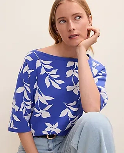Ann Taylor Floral Jacquard Boatneck Sweater In Blue