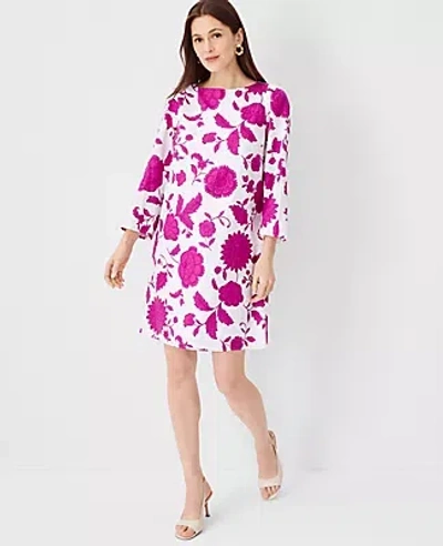 Ann Taylor Floral Linen Blend 3/4 Sleeve Shift Dress In Magenta Shadow