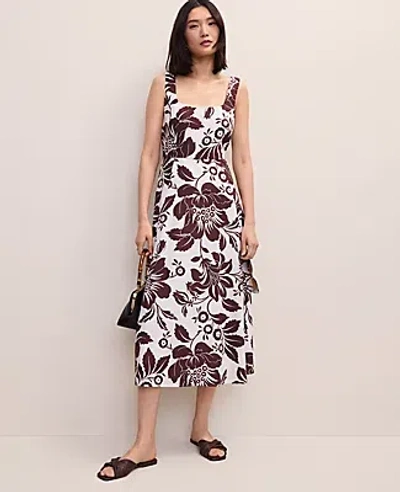 Ann Taylor Floral Linen Blend Flare Midi Dress In Brown