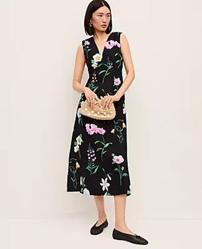 Ann Taylor Floral Linen Blend Midi Dress In Black