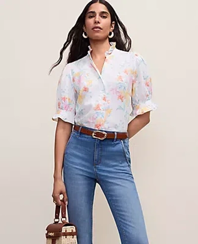 Ann Taylor Floral Linen Blend Ruffle Blouse In Multi