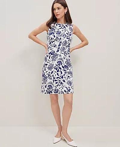 Ann Taylor Floral Linen-blend Shift Dress In Royalty Blue