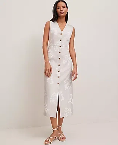 Ann Taylor Floral Linen Blend V-neck Shirtdress In White