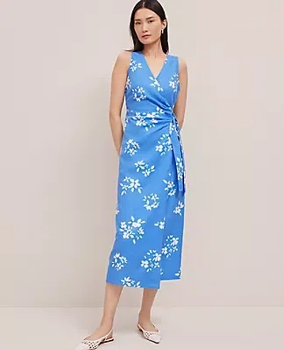 Ann Taylor Floral Linen Blend V-neck Wrap Dress In Maritime Blue