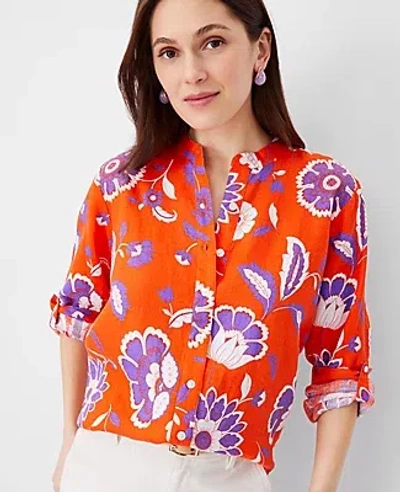 Ann Taylor Floral Linen Relaxed Roll Tab Perfect Shirt In Flame Azalea
