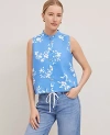 Ann Taylor Floral Linen Sleeveless Shirt In Maritime Blue