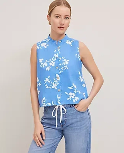 Ann Taylor Floral Linen Sleeveless Shirt In Maritime Blue