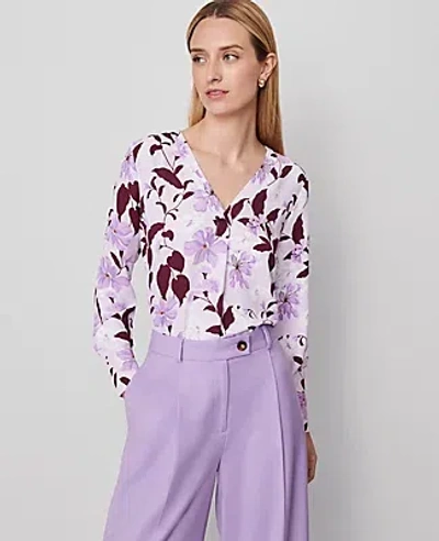 Ann Taylor Floral Mixed Media Pleat Front Top In Purple