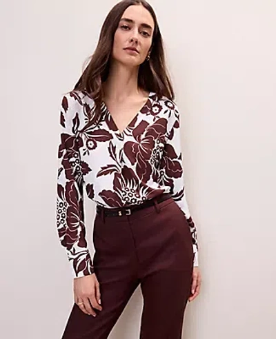 Ann Taylor Floral Mixed Media Pleat Front Top In Brown