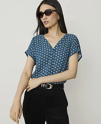 Ann Taylor Floral Mixed Media Pleat Front Top In Blue