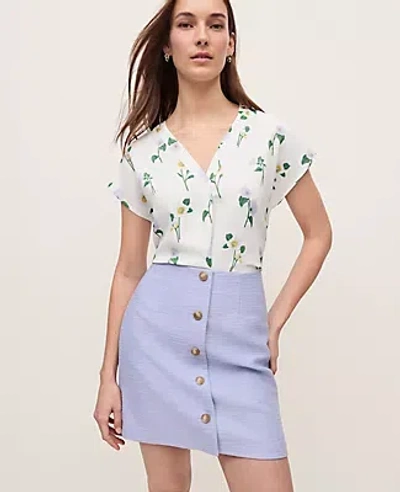Ann Taylor Floral Mixed Media Pleat Front Top In White
