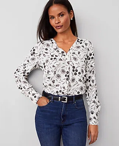 Ann Taylor Floral Mixed Media Pleat Front Top In Winter White