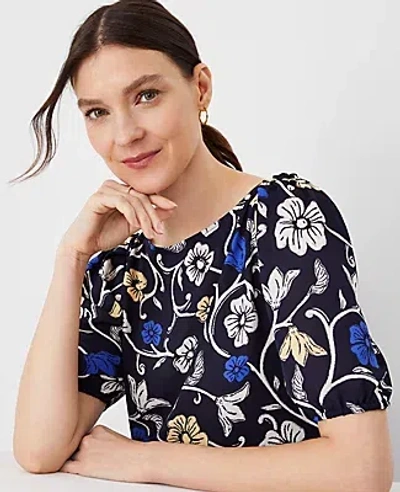 Ann Taylor Floral Mixed Media Puff Sleeve Top In Night Sky