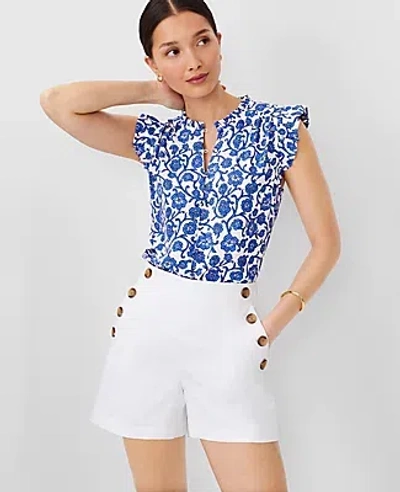 Ann Taylor Floral Mixed Media Ruffle Shell Top In Dazzling Blue