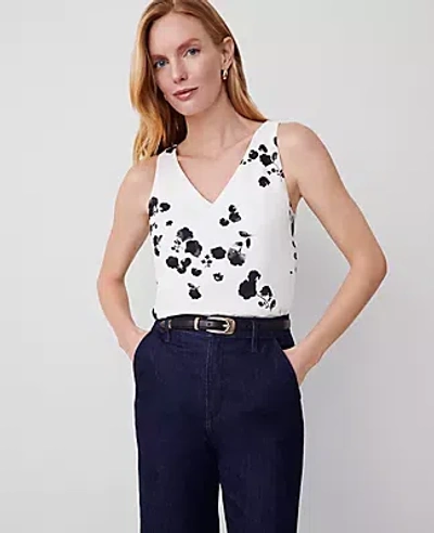 Ann Taylor Floral Mixed Media V-neck Tank Top In Winter White- Black