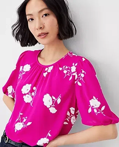 Ann Taylor Floral Pleated Sleeve Top In Magenta Shadow